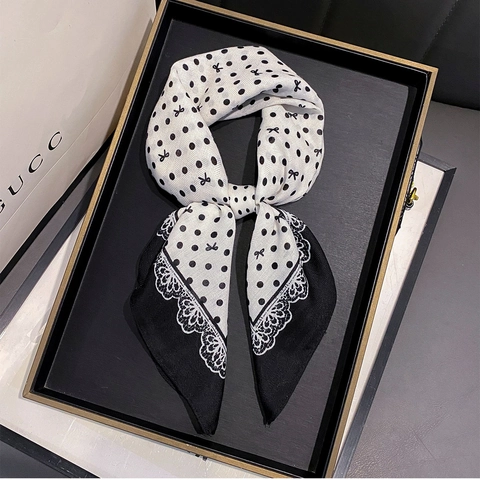 Women Polka Dot Print Square Scarf French Vintage Elegant Polyester Satin Neck Satin Headscarf Versatile Accessory