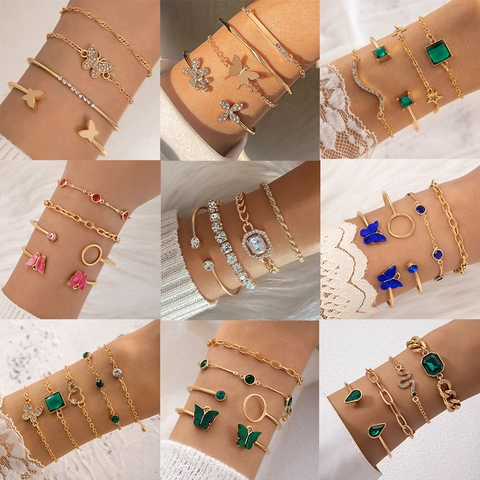 Vintage Gold Alloy Rhinestone Butterfly Heart Star Moon Bracelet Set For Women Fashion Punk Jewelry Layered Bangle Set