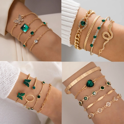 Bracciale Rigido Da Donna In Lega Placcata Oro Verde Smeraldo Pietra Sintetica Impilabile Vintage Francese Farfalla Serpente