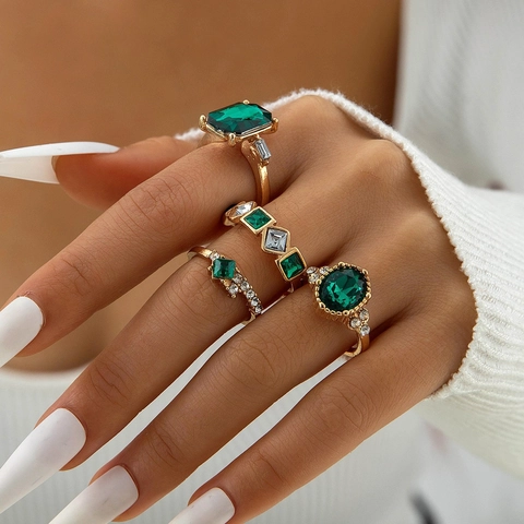 Vintage Geometric Colorful Gemstone Rings Alloy Gold Silver Plated Luxury Bohemian Fashion Jewelry Women Accessories