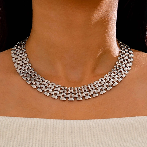 Punk Chunky Chain Choker Necklace Alloy Gold Silver Plated Geometric Wide Woven Minimalist Statement Jewelry For Women