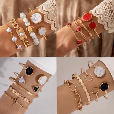 Bohemian Bracelets Bangles For Women Alloy With Sea Turtle Star Faux Marble Beads Vintage Ethnic Style Stackable Adjustable