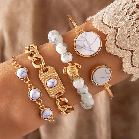 Bohemian Bracelets Bangles For Women Alloy With Sea Turtle Star Faux Marble Beads Vintage Ethnic Style Stackable Adjustable