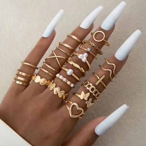 Hollow Heart Butterfly Alloy Rings With Faux Artificial Pearl Rhinestone Bohemian Vintage Joint Knuckle Jewelry For Women Gold Color
