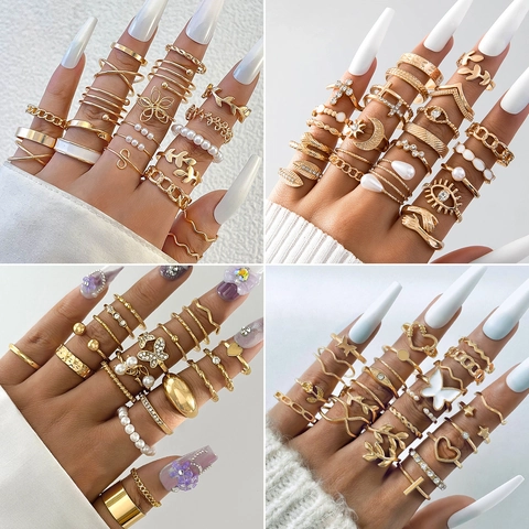 Bohemian Legierung Ringe Herz Schmetterling Schlange Muster Gold Silber Plattiert Künstliche Perle Strass Fingerringe Für Damen Schmuck