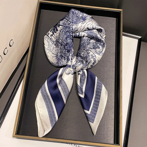 French Style Toile de Jouy Scenery Print Satin Square Scarf For Women Vintage Paisley Striped Border Fashion Silk Feel Neck Scarf