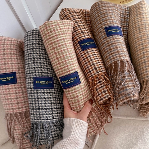 Retro Houndstooth Plaid Scarf Imitation Cashmere Tassel Winter Warm Soft Fashion For Women