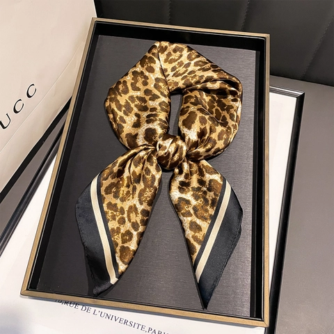 Fashion Leopard Print Square Scarf Satin Like Satin Women Elegant Neck Decorative Lightweight Wrap