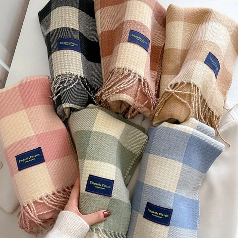 Sciarpa A Quadri Simil Cashmere Calda Spessa Scialle Con Frange Grande Griglia Pied De Poule Inverno