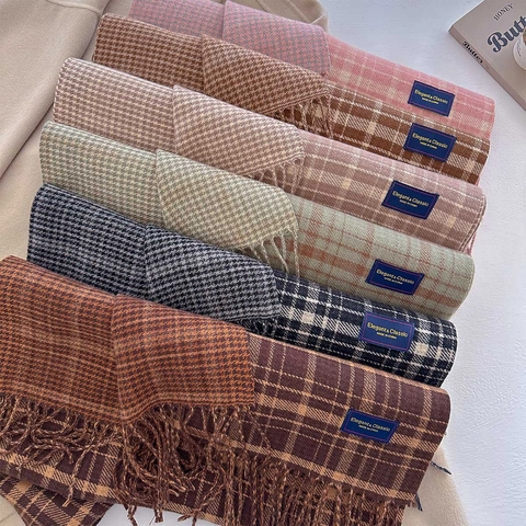 Karierter Plaid Schal Kaschmirimitat Dick Warm Winter Schal Mit Quasten Koreanischer Stil Chic Eleganter Mode Wickel
