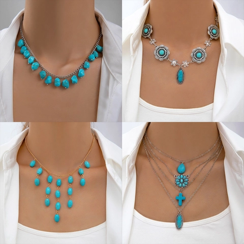 Bohemian Vintage Turquoise Flower Heart Starfish Shell Pendant Necklace For Women Alloy Resin Layered Beach Jewelry