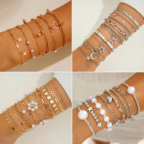 Boho Legierung Armband Mehrlagig Herz Stern Anhänger Imitation Künstliche Perle Künstliche Perlenkette Mode Schmuck Für Damen