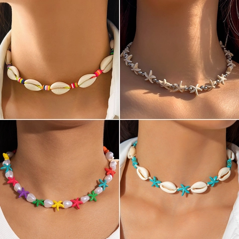 Starfish Shell Beaded Necklace Bohemian Beach Vacation Style Jewelry With Resin Shell Alloy Beads For Women Handmade
