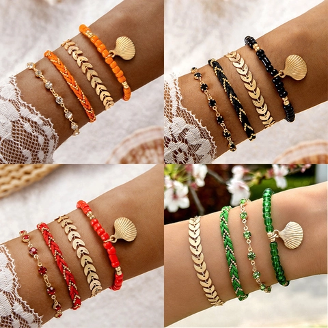 Bohemian Shell Leaf Pendant Bracelets Multi Layer Alloy Resin Bead Braided Cord Rhinestone Beach Summer Ethnic Jewelry