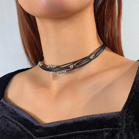 Multi Layer Choker Halskette Legierung Silber Perlen Schwarze Wachskordel Verstellbar Sweet Cool Style Für Frauen Mädchen