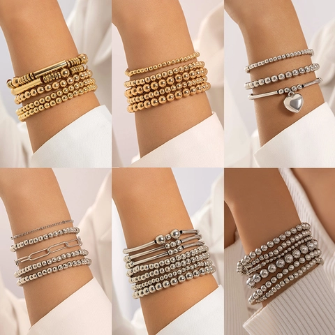 Stapelbare Armband Van Legering Met Hartjes Hanger Ronde Kralen Gepolijste Metalen Polssieraden Voor Dames
