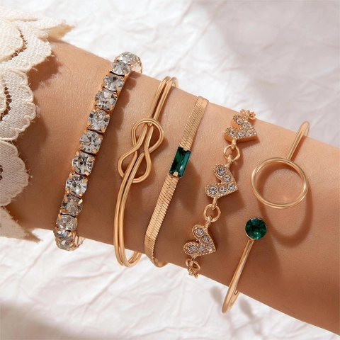 Fashion Bracelet Bangle For Women Gold Plated Alloy Heart Rhinestone Green Gemstone Multi Layer Stackable Luxury Jewelry