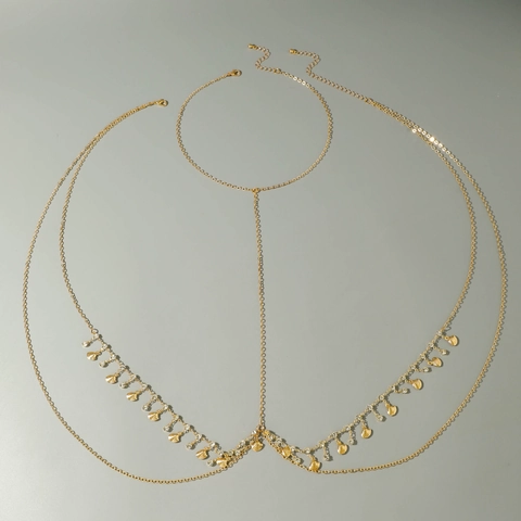 Bohemian Gold Tone Alloy Body Chain Heart Marquise Green Rhinestone Multi Layer Chest Jewelry For Beach Party