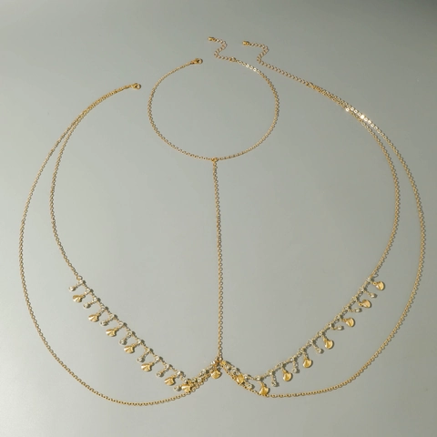 Chaîne De Corps Bohème En Alliage Doré Coeur Marquise Strass Vert Bijoux De Poitrine Multicouches Pour Fête Plage