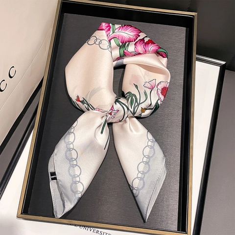 Elegante Sciarpa Quadrata Sensazione Raso Satin Stampa Floreale Versatile Moda Accessori Capelli Collo Testa Per Donna