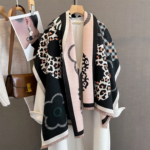 Sciarpa Donna Spessa Calda Imitazione Cashmere Jacquard Motivo Floreale Leopardato Scialle Grande Con Nappe Inverno Elegante
