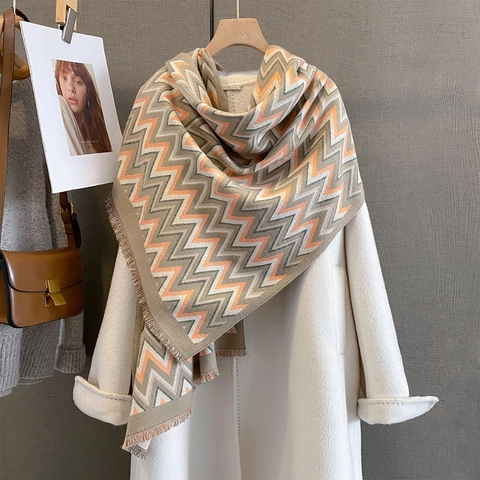 Sciarpa Scialle Da Donna In Imitazione Cashmere Calda Invernale Con Motivo A Zig Zag E Frange Elegante