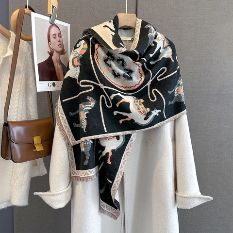 Animal Jacquard Scarf Shawl Faux Cashmere Polyester Horse Camel Pattern Fringe Double Sided Warm Wrap Fashion Women