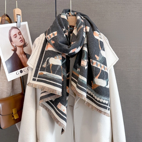 Sciarpa Invernale Donna Scialle Imitazione Cashmere Caldo Vintage Cavallo Jacquard Geometrico Frange Accessorio Moda