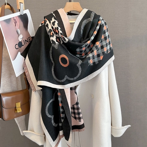 Sciarpa Donna Spessa Calda Imitazione Cashmere Jacquard Motivo Floreale Leopardato Scialle Grande Con Nappe Inverno Elegante