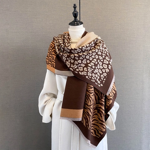 Women Thick Warm Imitation Cashmere Scarf Shawl Patchwork Animal Print Leopard Zebra Geometric Jacquard Tassel
