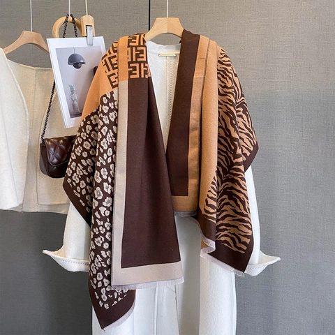 Women Thick Warm Imitation Cashmere Scarf Shawl Patchwork Animal Print Leopard Zebra Geometric Jacquard Tassel