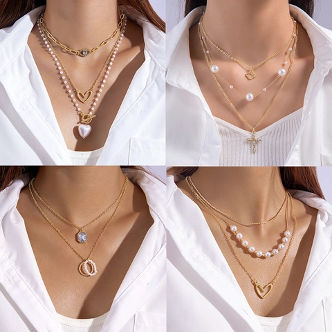 Mehrlagige Perlenhalskette Für Damen Gold Silber Legierung Herz Kreuz Kleeblatt Anhänger Böhmischer Mode Schmuck