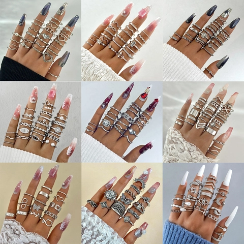 Bohemian Alloy Rings For Women Vintage Butterfly Snake Heart Evil Eye Pattern Pearl Zirconia Decorative Finger Jewelry Gift