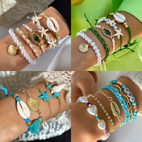Pulsera De Tobillo Playa Verano Bohemio Mujeres Aleación Concha Perla Artificial Imitación Estrella De Mar Mal De Ojo Ajustable