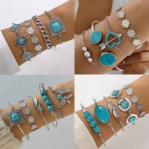 Bohemian Turquoise Alloy Bracelet Bangle For Women Vintage Silver Gold Plated Geometric Feather Flower Heart Charm Ethnic Jewelry