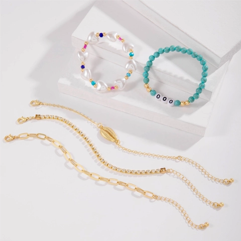 Bracelet Multirang Bohème Plage Océan Alliage Pendentif Coquillage Cœur Künstliche Perle Imitation Turquoise Strass Pour Femme
