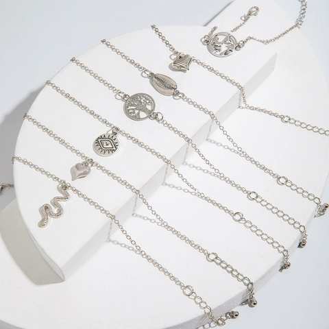 Boho Silber Legierung Fußkettchen Mit Herz Mond Schlange Böser Blick Buchstabe Feder Muschel Anhänger Für Frauen Mädchen Retro Schmuck