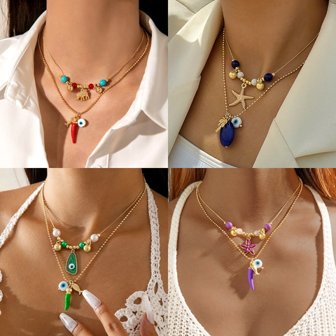 Bohemian Double Layer Alloy Necklace With Colorful Beads Evil Eye Chili Elephant Starfish Pendants Summer Beach Style