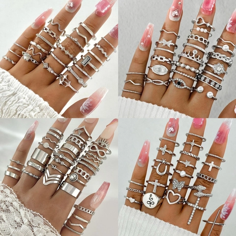 Vintage Alloy Rhinestone Heart Cross Butterfly Ring Collection For Women Bohemian Gold Silver Stackable Jewelry Finger Rings