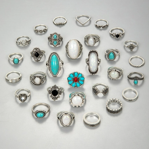 Bohemian Vintage Rings Alloy Simulated Turquoise Opal Flower Ethnic Retro Knuckle Midi Finger Jewelry For Women