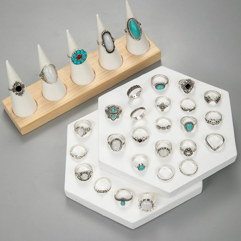 Bohemian Vintage Rings Alloy Simulated Turquoise Opal Flower Ethnic Retro Knuckle Midi Finger Jewelry For Women