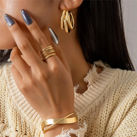 Retro Geometric Alloy Jewelry Including Stacked Hoop Earrings Irregular Open Bangle And Multi Layer Ring Minimalist Gold Plated