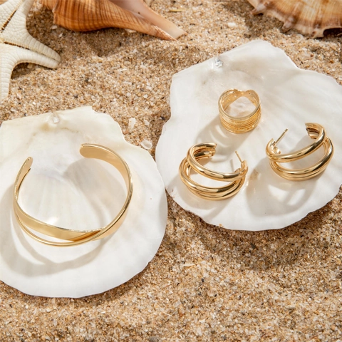Retro Geometric Alloy Jewelry Including Stacked Hoop Earrings Irregular Open Bangle And Multi Layer Ring Minimalist Gold Plated