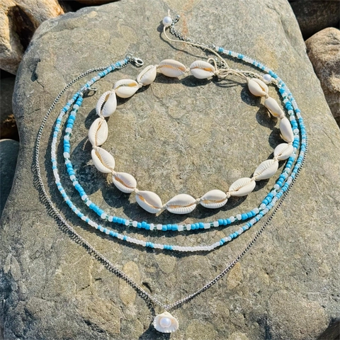 Bohemia Multi Layered Necklace Natural Shell Hand Beaded Alloy Chain Faux Artificial Pearl Beach Summer Jewelry Women