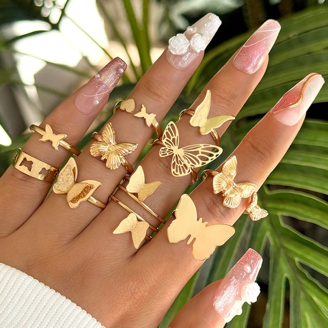 Butterfly Heart Open Adjustable Rings Alloy Hollow Out Knuckle Jewelry Trendy Statement Women Aesthetic