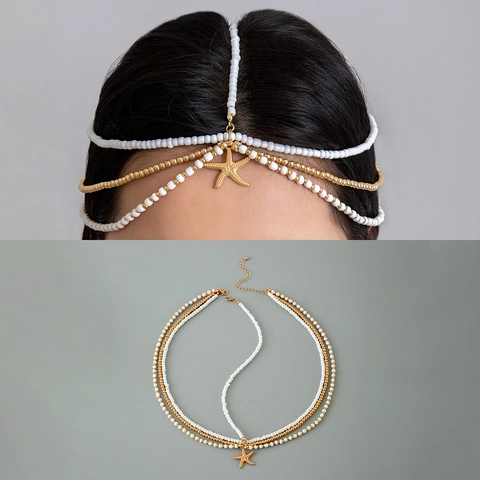 Bohemian Alloy Multi Layer Beaded Hair Chain Starfish Shell Pendant Summer Beach Adjustable Headpiece For Women