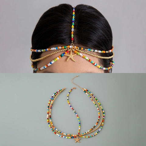 Bohemian Alloy Multi Layer Beaded Hair Chain Starfish Shell Pendant Summer Beach Adjustable Headpiece For Women