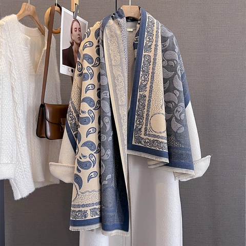 Vintage Paisley Jacquard Schal Für Damen Warm Kaschmir-Imitat Tuch Spleißen Kontrastfarbe Floral Quasten Langer Wickel Herbst Winter
