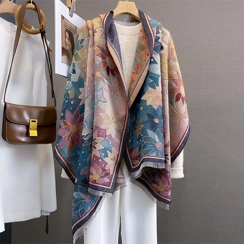 Sciarpa Floreale con Pittura a Olio Vintage Grande Scialle Jacquard in Morata Imitazione Cashmere per Donna Autunno Inverno