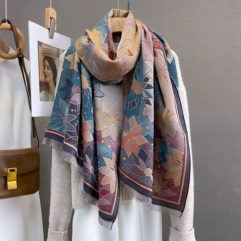 Sciarpa Floreale con Pittura a Olio Vintage Grande Scialle Jacquard in Morata Imitazione Cashmere per Donna Autunno Inverno